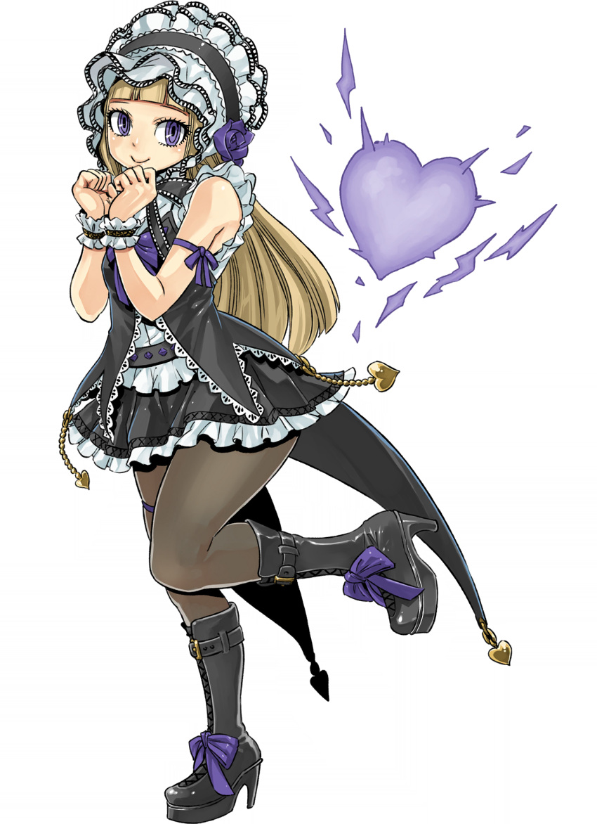 1girl alice_(gate_of_nightmares) black_footwear black_pantyhose blonde_hair boots bow flower footwear_bow full_body gate_of_nightmares hair_flower hair_ornament heart high_heel_boots high_heels highres knee_boots long_hair looking_at_viewer maid maid_headdress pantyhose purple_bow purple_eyes purple_flower purple_rose rose scrunchie sleeveless solo transparent_background wrist_scrunchie