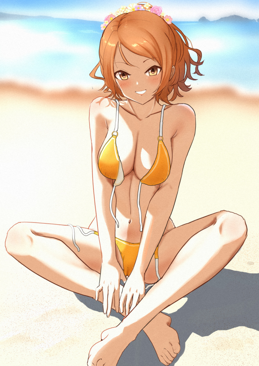 1girl bare_legs barefoot beach bikini blush breasts cameltoe cleavage collarbone flower foguma hair_flower hair_ornament hands_on_own_leg highres hojo_karen idolmaster idolmaster_cinderella_girls indian_style large_breasts looking_at_viewer navel on_ground orange_bikini orange_hair outdoors sand shadow sitting smile solo swimsuit toes untied untied_bikini