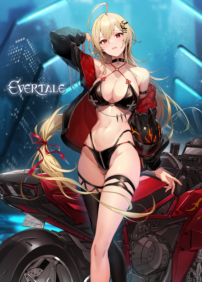 1girl ahoge arm_up bare_shoulders bikini blonde_hair bow bowtie breasts building cleavage commentary_request copyright_name criss-cross_halter earrings evertale fingernails flame_print hair_ornament hairclip halterneck helmet highleg highleg_bikini highres holding jacket jewelry kakage lamppost large_breasts lisette_(evertale) logo long_hair long_sleeves looking_at_viewer low-tied_long_hair motor_vehicle navel night night_sky off_shoulder official_art open_clothes open_jacket open_mouth outdoors red_eyes shiny_skin simple_background single_thighhigh sky star_(sky) starry_sky stomach swimsuit thigh_strap thighhighs thighs zipper