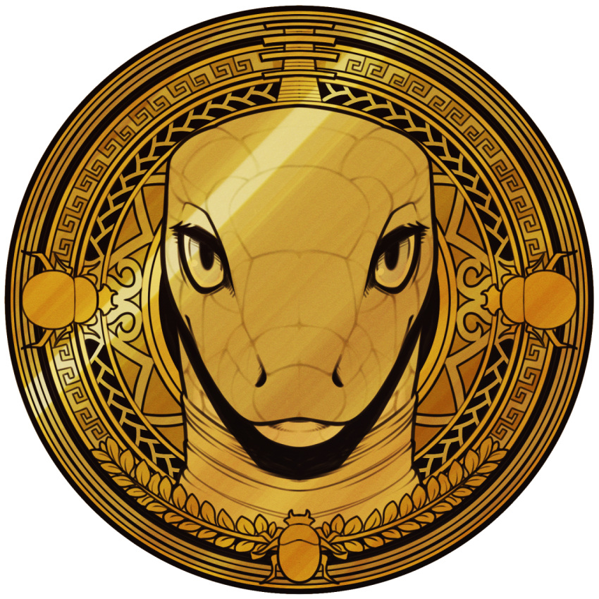 anthro black_mamba blue_eyes coin decorative_scarab djed drachm elapid_(snake) front_view gold_(metal) hi_res male mamba medallion omari pharaoh portrait ptolemy_xii reptile royalty scales scalie snake solo wrappings wreath