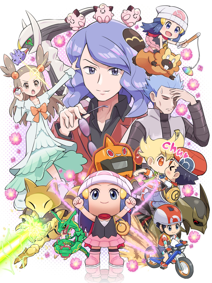 abra absurdres arceus barry_(pokemon) beanie bibarel bicycle black_hair blonde_hair blue_hair blush boots bow brown_eyes brown_hair claws clefairy closed_mouth cyrus_(pokemon) dawn_(pokemon) dragon dress facepalm giratina glasses hair_bobbles hair_ornament hairclip hat highres holding jacket jasmine_(pokemon) long_hair looking_at_viewer lucas_(pokemon) lucian_(pokemon) open_mouth pants pokemoa pokemon pokemon_(creature) pokemon_(game) pokemon_bdsp pokemon_dppt purple_hair rayquaza red_eyes red_headwear rotom rotom_(heat) scarf shirt short_hair skirt smile spiked_hair standing sweat team_galactic two_side_up yellow_eyes