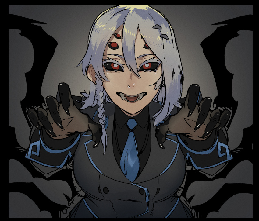 1girl arachne arthropod_girl arthropod_limbs black_border black_nails black_sclera black_shirt blue_hair blue_necktie border braid breasts collared_shirt colored_sclera commission english_commentary extra_eyes fangs grey_background grey_pupils hair_between_eyes highres leaning_forward long_finger medium_breasts military military_uniform ministerovvox monster_girl monster_musume_no_iru_nichijou muvluv muvluv_alternative necktie rachnera_arachnera red_eyes shirt side_braid smile solo spider_girl taur uniform