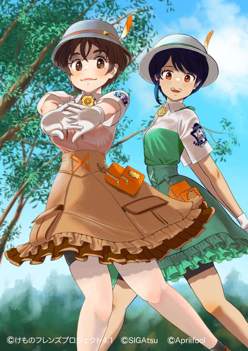 1boy 1girl absurdres aburaeoyaji alternate_costume april_fools bike_shorts_under_skirt black_hair blush brown_eyes brown_hair brown_shirt brown_skirt bucket_hat captain_(kemono_friends) collared_shirt crossdressing dual_persona frilled_skirt frills gloves green_shirt green_skirt hat hat_feather helmet high-waist_skirt highres jacket kemono_friends kemono_friends_3 lipstick looking_at_viewer makeup matching_outfit orange_eyes pith_helmet safari_jacket shirt short_hair short_sleeves single_sidelock skirt smile two-tone_shirt uniform white_gloves white_shirt