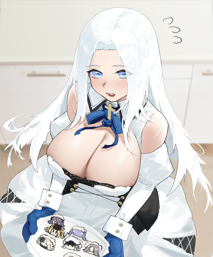 1girl azur_lane bare_shoulders blue_eyes blue_mittens blurry blurry_background blush breasts bunker_hill_(azur_lane) character_cookie cleavage cleavage_cutout clothing_cutout collared_dress cross detached_sleeves drawer dress enterprise_(azur_lane) essex_(azur_lane) flying_sweatdrops highres holding holding_tray hornet_(azur_lane) hornet_ii_(azur_lane) indoors intrepid_(azur_lane) large_breasts long_hair long_sleeves looking_at_viewer low_neckline open_mouth oven_mitts packy_usagi parted_bangs shangri-la_(azur_lane) solo standing tray white_dress white_hair yorktown_(azur_lane) yorktown_ii_(azur_lane)