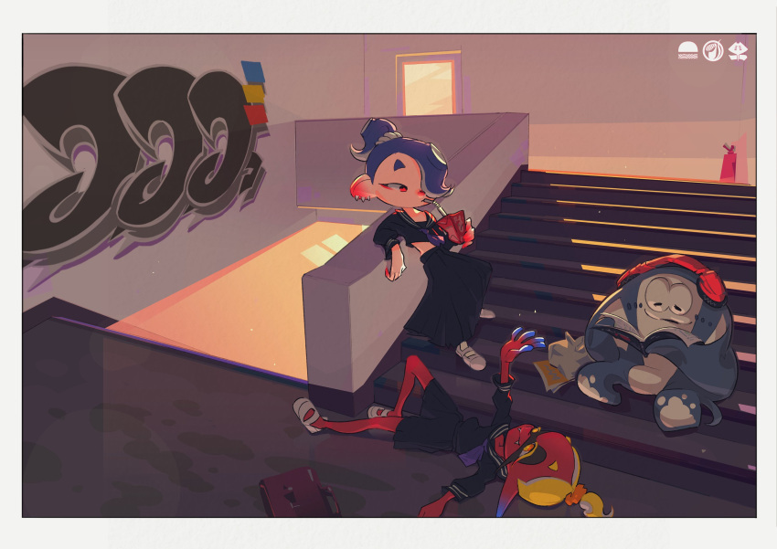 1boy 2girls aged_down bag big_man_(splatoon) black_serafuku blonde_hair blue_hair fire_extinguisher frye_(splatoon) graffiti headphones highres indoors juice_box manta_ray multiple_girls official_art reading school_bag school_uniform serafuku shiver_(splatoon) shoes sitting sitting_on_stairs splatoon_(series) splatoon_3 stairs tentacle_hair uwabaki