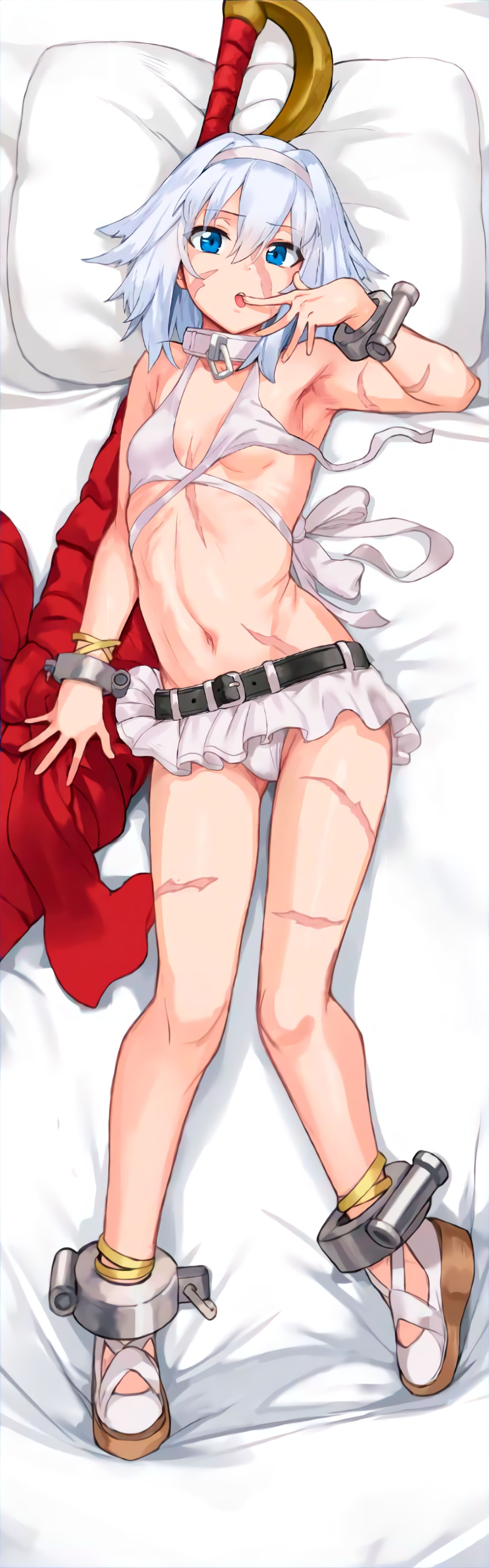 absurdres armpits bikini blue_eyes breasts dakimakura_(medium) fate/grand_order fate_(series) hews highres looking_at_viewer mary_read_(fate) mary_read_(swimsuit_archer)_(fate) mary_read_(swimsuit_archer)_(first_ascension)_(fate) navel non-web_source pirate scar scar_on_cheek scar_on_face short_hair small_breasts swimsuit white_bikini white_hair