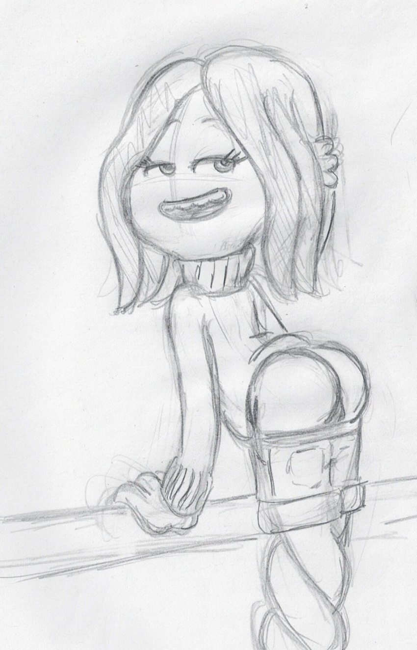 2023 anthro bottomwear bottomwear_down butt clothed clothing dreamworks female genitals graphite_(artwork) greyscale half-closed_eyes hi_res kraken looking_back monochrome mostly_clothed narrowed_eyes open_mouth pants pants_down partially_clothed pencil_(artwork) pussy rear_view ruby_gillman ruby_gillman_teenage_kraken shorts sketch solo takeshi1000 teenager teeth tongue traditional_media_(artwork) young