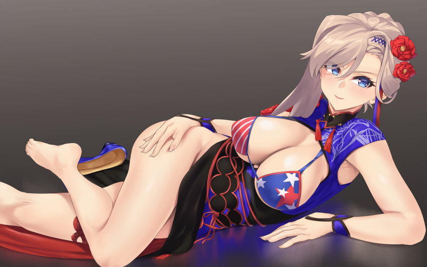 1girl absurdres american_flag_bikini bare_shoulders barefoot bikini black_skirt blue_dress blue_eyes blush breasts china cleavage cleavage_cutout clothing_cutout dress fate/grand_order fate_(series) flag_print flower hair_flower hair_ornament hair_ribbon highres large_breasts long_hair looking_at_viewer lying miyamoto_musashi_(fate) miyamoto_musashi_(swimsuit_berserker)_(fate) on_side pink_hair ribbon ryouya skirt smile solo swept_bangs swimsuit thighs wrist_cuffs