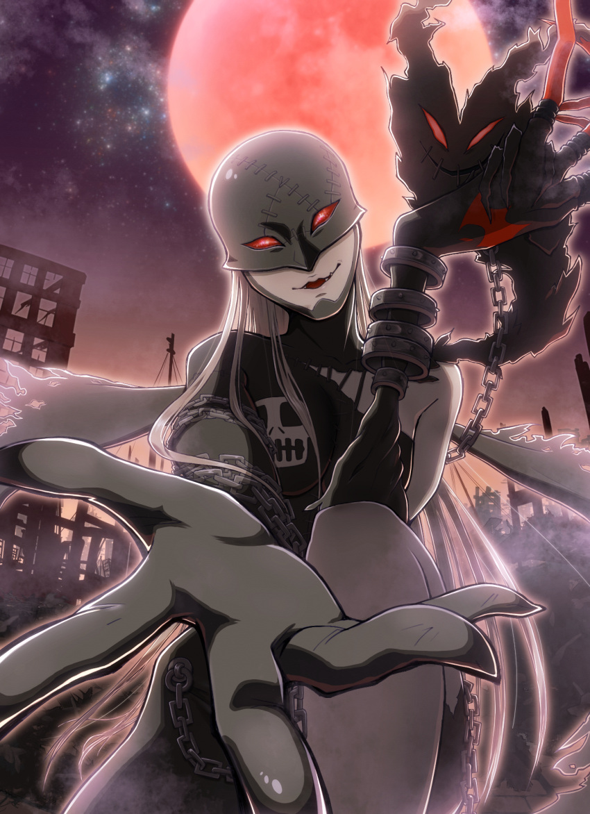 1girl black_gloves demon demon_girl digimon fallen_angel full_body gloves highres ladydevimon long_hair looking_at_viewer mask moon night outdoors reaching reaching_towards_viewer red_eyes red_moon skull solo user_cswt3834 white_hair