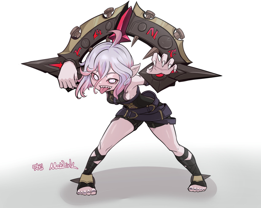 1girl ahoge belt black_belt breasts briar_(league_of_legends) colored_sclera detached_sleeves fingernails full_body grey_hair hair_between_eyes highres league_of_legends long_hair looking_at_viewer matlink multicolored_hair no_pupils no_shoes pink_hair pointy_ears red_sclera shadow sharp_fingernails sharp_teeth sidelocks simple_background small_breasts solo standing streaked_hair teeth toeless_footwear toenails toes tongue tongue_out two-tone_hair vampire white_eyes wrist_cuffs