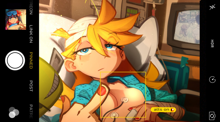 1girl ambulance bandaged_arm bandaged_head bandages bare_shoulders black_hair blonde_hair blue_eyes breasts car_interior closed_mouth clothes_lift flower hair_flower hair_ornament highres khyle. large_breasts long_hair lying medium_breasts middle_finger monitor nail_polish no_bra panty_&amp;_stocking_with_garterbelt panty_(psg) pillow pout red_flower red_nails shirt_lift solo stocking_(psg) taking_picture