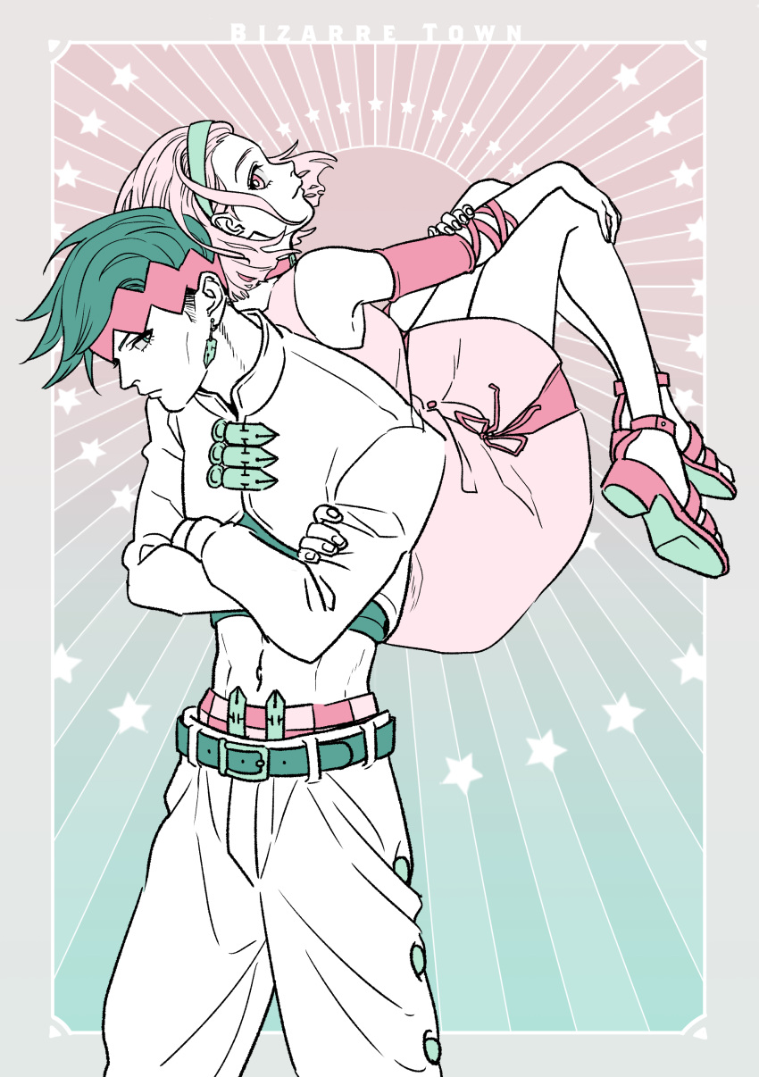 1boy 1girl absurdres arm_warmers back-to-back belt commentary_request crop_top crossed_arms diamond_wa_kudakenai dress earrings green_hair headband highres jewelry jojo_no_kimyou_na_bouken kishibe_rohan limited_palette midriff navel pink_dress pink_eyes pink_hair star_(symbol) sugimoto_reimi yonchi