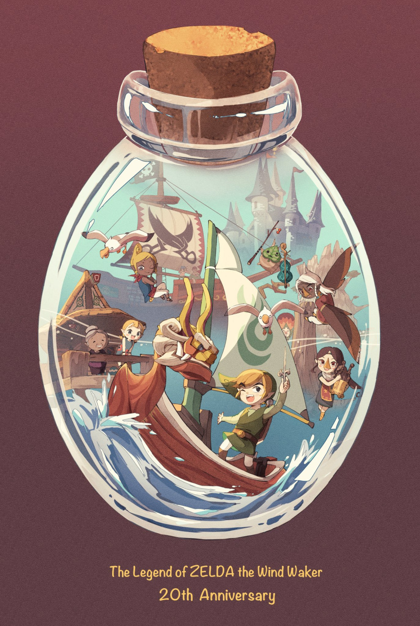 4girls 5boys aryll bird blonde_hair boat bottle brown_background castle copyright_name dark-skinned_female dark_skin english_text european_architecture gonzo_(wind_waker) green_tunic highres holding holding_sword holding_weapon in_bottle in_container komali korok link link's_grandma macmarenga16 makar medli multiple_boys multiple_girls niko_(wind_waker) one_eye_closed open_mouth seagull simple_background sword teeth tetra the_king_of_red_lions the_legend_of_zelda the_legend_of_zelda:_the_wind_waker tingle toon_link upper_teeth_only water watercraft weapon
