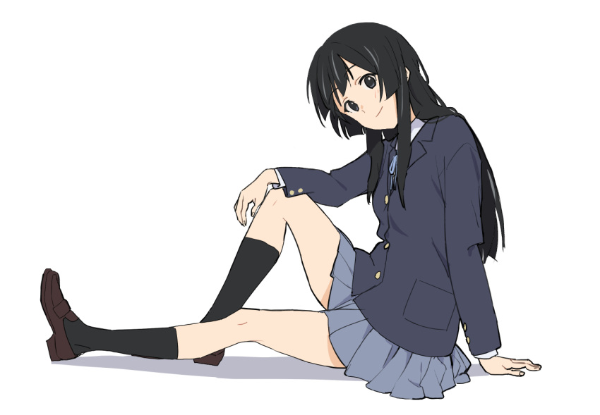 1girl akiyama_mio black_eyes black_hair black_socks blazer blue_jacket blue_ribbon brown_footwear closed_mouth collared_shirt commentary_request from_side full_body grey_skirt jacket k-on! knee_up kneehighs loafers long_hair long_sleeves looking_at_viewer looking_to_the_side mfb pleated_skirt ribbon sakuragaoka_high_school_uniform school_uniform shirt shoes sidelocks simple_background sitting skirt smile socks solo vest white_background white_shirt winter_uniform yellow_vest