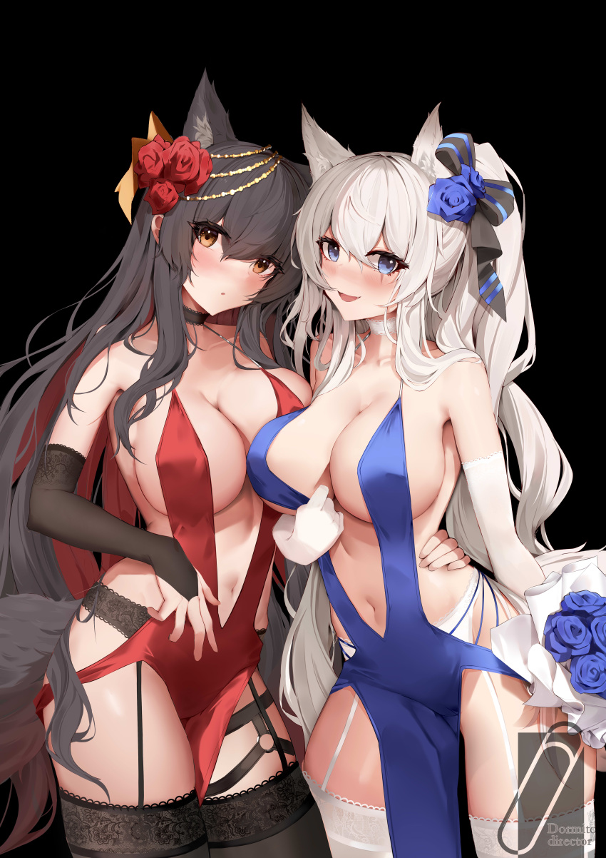 2girls :d absurdres alternate_hairstyle animal_ear_fluff animal_ears arknights bare_shoulders black_bow black_choker black_hair black_thighhighs blue_dress blue_eyes blue_flower blue_rose blush bouquet bow breasts bridal_gauntlets brown_eyes center_opening choker collarbone colored_inner_hair cowboy_shot dress flower garter_belt hair_bow hair_flower hair_ornament highres holding holding_bouquet lappland_(arknights) large_breasts looking_at_viewer multicolored_hair multiple_girls navel open_mouth parted_lips pelvic_curtain ponytail qinshishizhang red_dress red_flower red_hair red_rose revealing_clothes rose scar scar_on_face simple_background sleeveless sleeveless_dress smile tail texas_(arknights) thighhighs two-tone_hair white_choker white_hair white_thighhighs wolf_ears wolf_girl wolf_tail