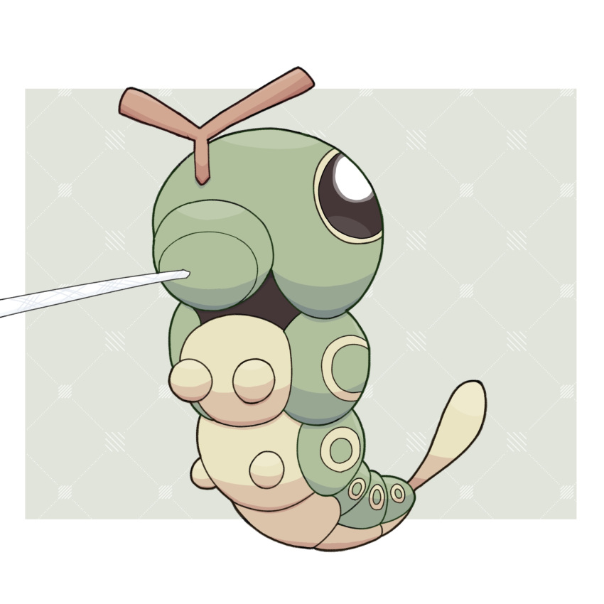 border caterpie full_body highres kawasemi_midori light_green_background looking_at_viewer no_humans pokemon pokemon_(creature) simple_background solo string_shot_(pokemon) white_border