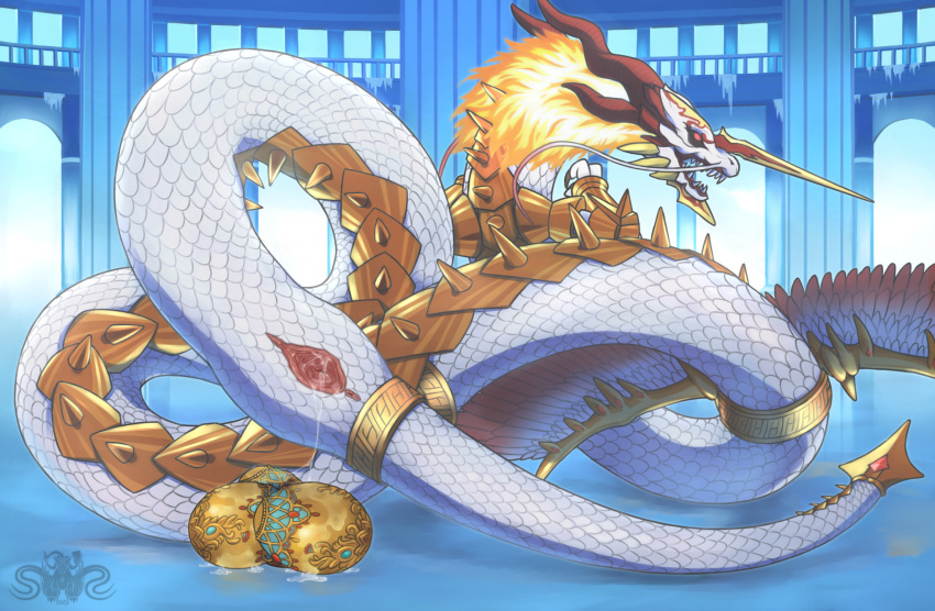 anus apode bodily_fluids draconcopode egg fate_(series) female feral full-length_portrait genital_fluids genitals hi_res horn legless maha_naga(fate) naga open_mouth oviposition portrait pussy reptile scalie serpentine snake solo sonimad_(artist) spread_pussy spreading type-moon