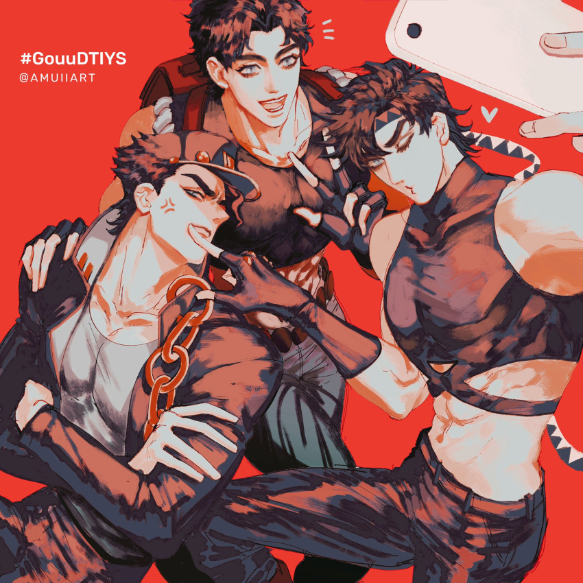 3boys :d abs amuii anger_vein battle_tendency black_hair blue_eyes cellphone chain closed_mouth coat collarbone crop_top crossed_arms finger_to_another's_face fingerless_gloves gloves grandfather_and_grandson hat headband heart highres holding holding_phone jacket jojo_no_kimyou_na_bouken jonathan_joestar joseph_joestar joseph_joestar_(young) kujo_jotaro long_sleeves looking_at_phone male_focus multiple_boys muscular muscular_male one_eye_closed open_mouth pants pectorals phantom_blood phone school_uniform shirt short_hair smartphone smile stardust_crusaders twitter_username v