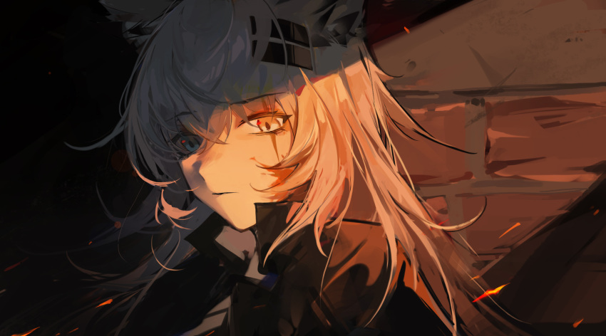 1girl against_wall animal_ear_fluff animal_ears arknights blood blood_on_face closed_mouth expressionless grey_eyes grey_hair highres lappland_(arknights) long_hair looking_away looking_down qingfeng_canying scar scar_across_eye scar_on_face solo sunlight upper_body wolf_ears