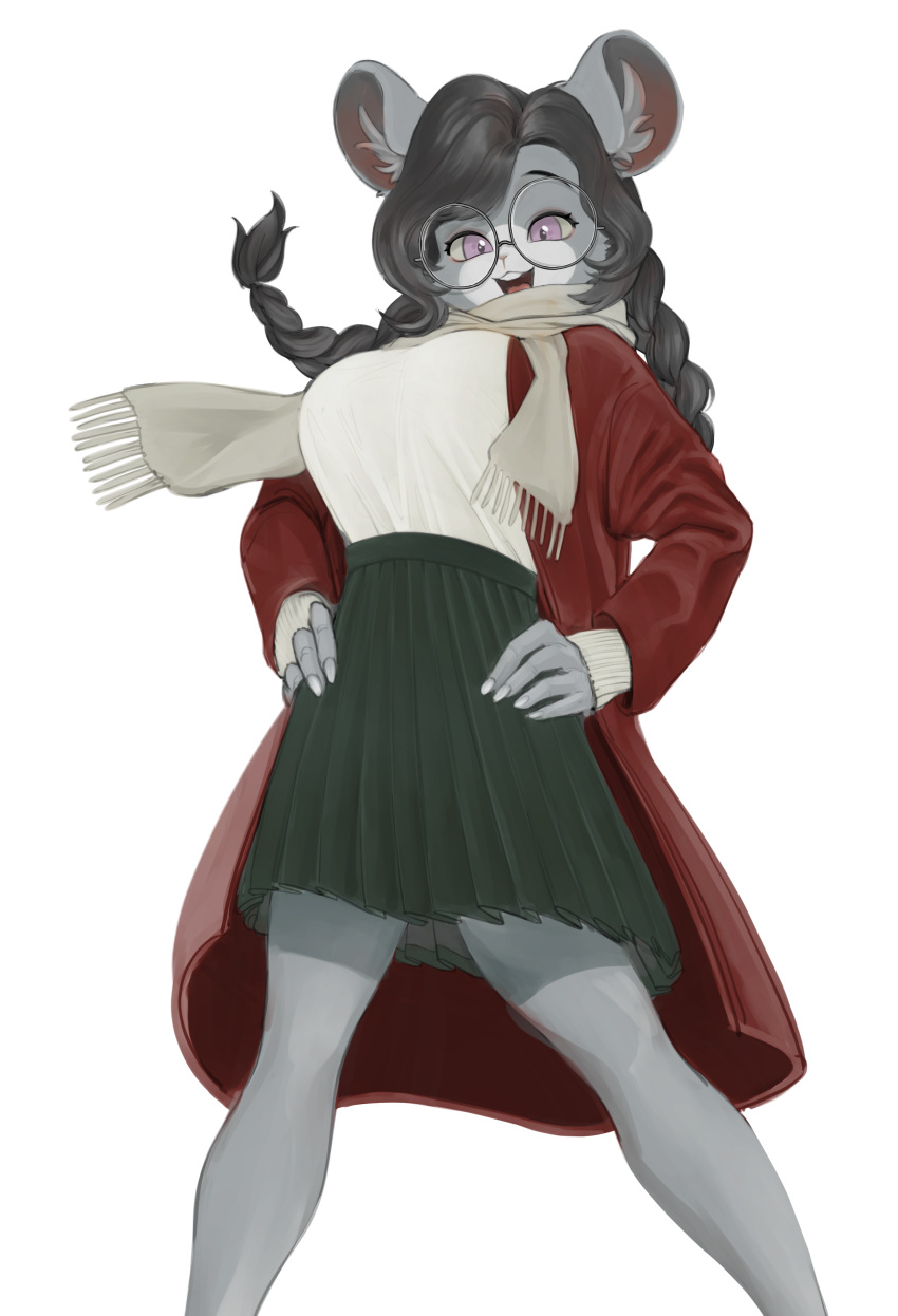 absurd_res anthro big_breasts black_hair bottomwear braided_hair breasts chinchilla chinchillid clothed clothing coat eyewear female fur glasses green_bottomwear green_clothing green_skirt grey_body grey_fur hair hand_on_hip hi_res inner_ear_fluff low-angle_view mammal muffler noruru3737 purple_eyes red_clothing red_coat red_topwear rodent skirt smile solo topwear tuft