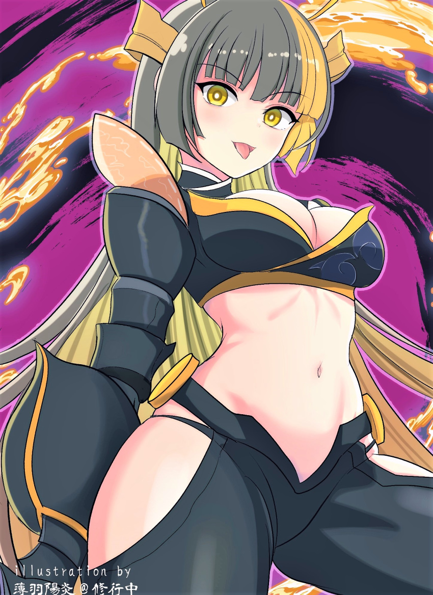 1girl antennae black_hair black_panties blonde_hair breasts cleavage clothing_cutout commentary_request cowboy_shot crop_top duel_monster gauntlets highres hime_cut light_blush long_hair looking_at_viewer medium_breasts midriff mitsu_the_insect_ninja multicolored_hair navel panties sidelocks signature smile solo standing streaked_hair thigh_cutout thong tongue tongue_out underwear usuba_kagerou_(shougyouchu) very_long_hair yellow_eyes yu-gi-oh!