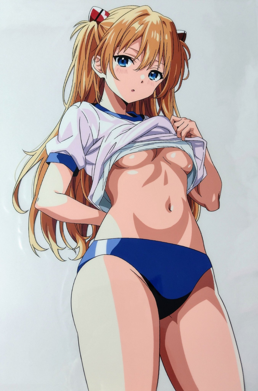 1girl arms_behind_back blonde_hair blue_buruma blue_eyes breasts buruma cel clothes_lift grey_background highres interface_headset lifted_by_self long_hair looking_at_viewer looking_down medium_breasts navel neon_genesis_evangelion open_mouth shirt shirt_lift simple_background solo souryuu_asuka_langley thighs traditional_media twintails umino_kaori underboob white_shirt