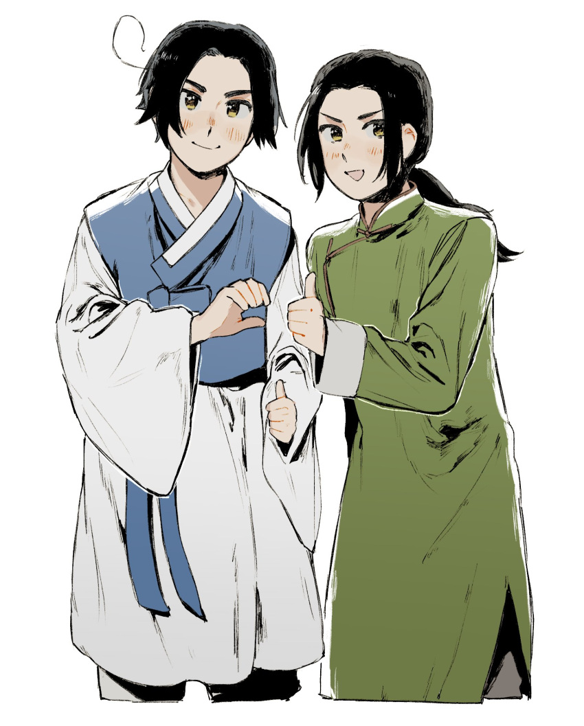 2boys axis_powers_hetalia black_hair changpao china_(hetalia) chinese_clothes hanbok heart_hands_failure highres korea_(hetalia) korean_clothes low_ponytail multiple_boys nanimonothing parted_bangs thumbs_up