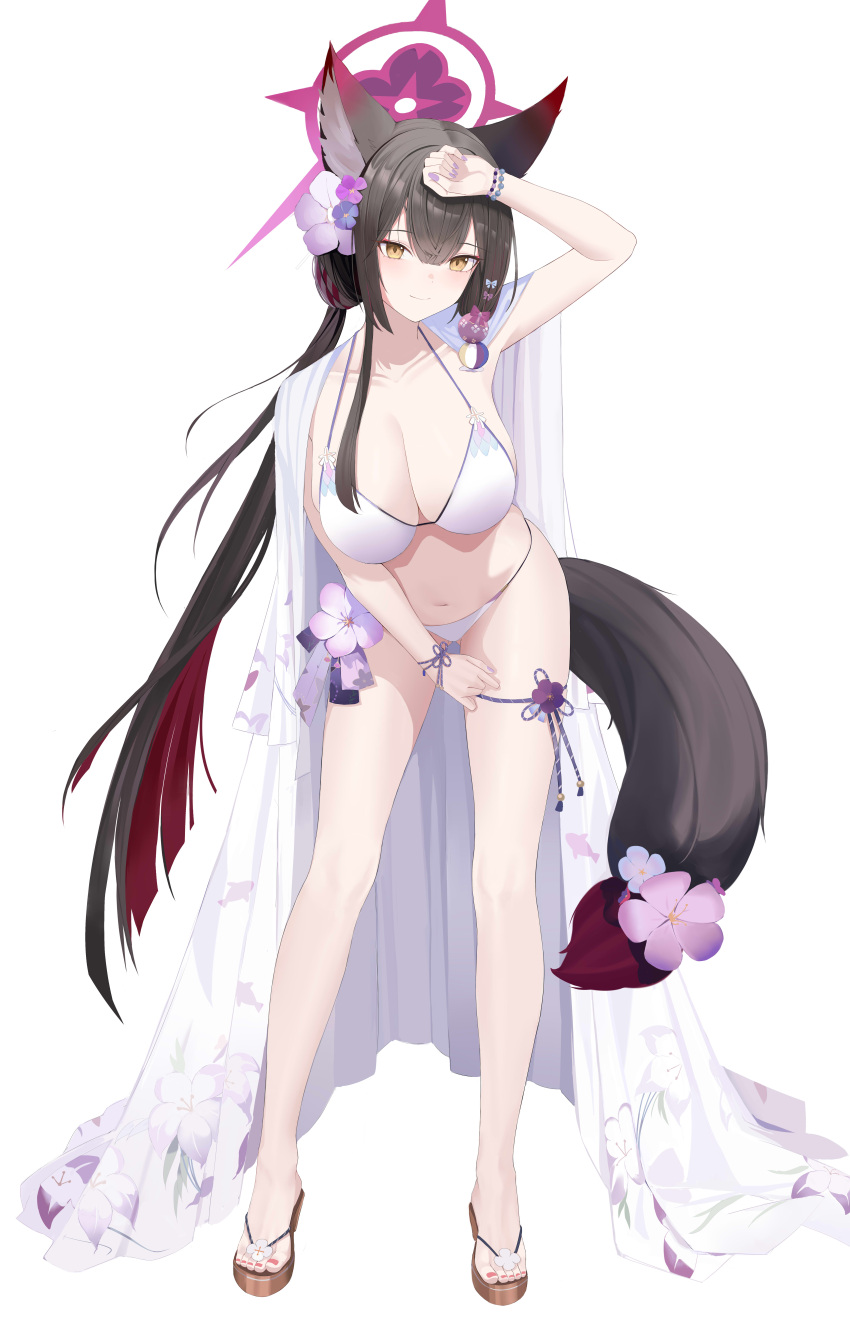 1girl absurdres animal_ears bare_legs between_legs bikini blue_archive blush breasts brown_hair cape cleavage colored_inner_hair commentary feet floral_print flower fox_ears fox_girl fox_tail full_body hair_between_eyes hair_ornament halo hand_between_legs hand_on_own_forehead hand_up highres kuyoumi large_breasts leaning_forward leaning_to_the_side legs long_hair multicolored_hair nail_polish navel official_alternate_costume pink_nails purple_flower sandals slit_pupils smile solo stomach swimsuit tail thigh_strap toenail_polish toenails toes very_long_hair wakamo_(blue_archive) wakamo_(swimsuit)_(blue_archive) white_bikini white_cape yellow_eyes