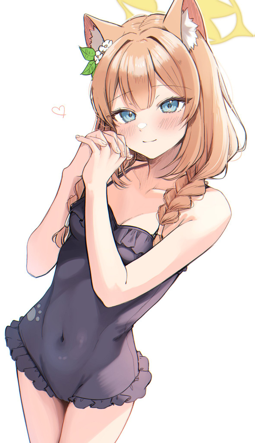 1girl animal_ears black_one-piece_swimsuit blue_archive blue_eyes blush braid breasts cleavage closed_mouth collarbone fingernails flower hair_flower hair_ornament halo highres interlocked_fingers light_smile long_hair looking_at_viewer mari_(blue_archive) mari_(swimsuit)_(blue_archive) medium_breasts official_alternate_costume one-piece_swimsuit orange_hair own_hands_together simple_background smile solo swimsuit takio_(kani_sama) twin_braids white_background yellow_halo