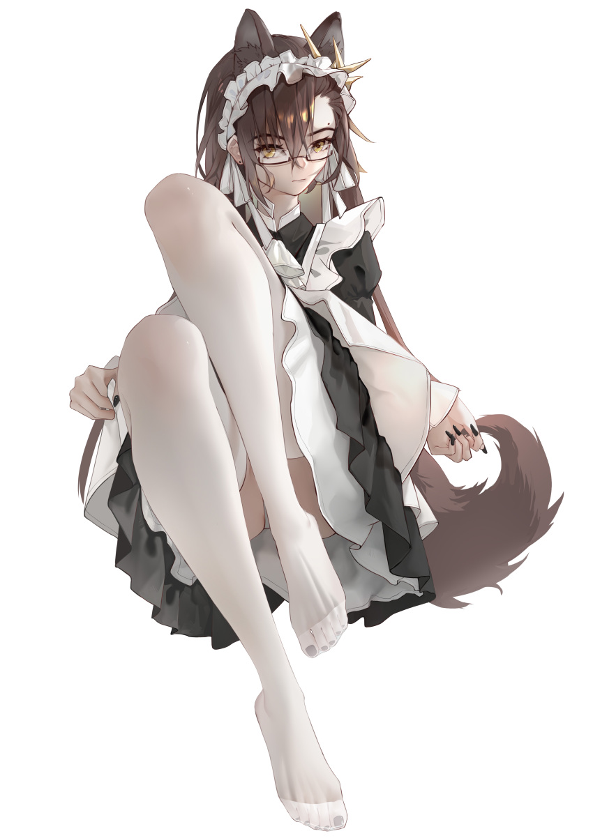 1girl absurdres alternate_costume animal_ears arknights bespectacled black_dress brown_hair dress enmaided extra_ears glasses hair_between_eyes highres long_hair looking_at_viewer maid maid_headdress mole mole_above_mouth nail_polish no_shoes penance_(arknights) puppy_(user_kfpt4478) semi-rimless_eyewear simple_background solo tail thighhighs toenail_polish toenails under-rim_eyewear white_background white_thighhighs wolf_ears wolf_girl wolf_tail yellow_eyes