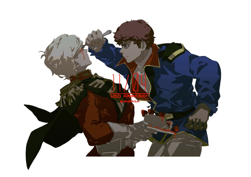 2boys amuro_ray arched_back blonde_hair blood bomber_jacket brown_hair cake cape char's_counterattack char_aznable character_name curly_hair dated epaulettes food fork gloves gundam jacket mobile_suit_gundam multiple_boys n0m0r3n3v3r plate simple_background stab time_paradox twitter_username white_background