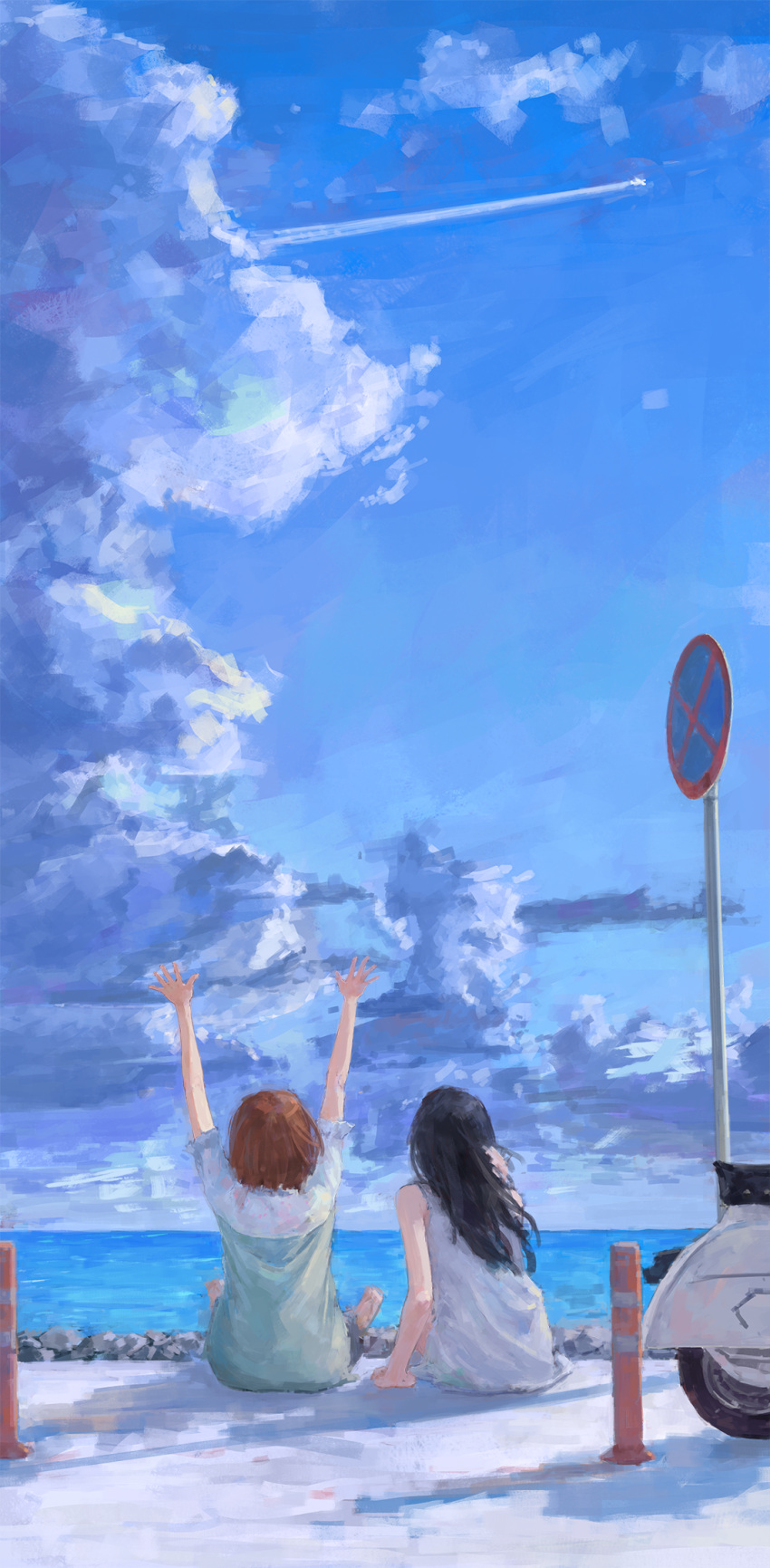 2girls arm_support arms_up black_hair brown_hair chinese_commentary cloud commentary_request contrail day dress frilled_sleeves frills from_behind hand_in_own_hair highres long_hair multiple_girls ocean original outdoors road_sign short_sleeves sign sitting sky sundress white_dress xilmo