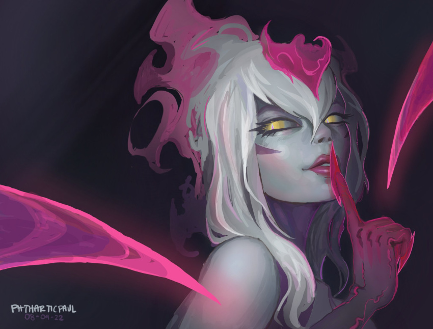 1girl close-up colored_skin dark_background demon demon_girl evelynn_(league_of_legends) facial_mark finger_to_mouth floating_hair grey_skin hair_between_eyes highres league_of_legends looking_at_viewer multicolored_hair parted_lips phtharticpaul pink_hair pink_lips sidelocks single_bare_arm slit_pupils solo two-tone_hair white_hair yellow_eyes