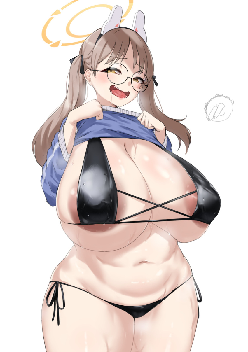 1boy 1girl absurdres animal_ears areola_slip arona's_sensei_doodle_(blue_archive) bikini black_bikini blue_archive blue_hoodie breasts brown_hair clothes_lift commentary_request drooling fake_animal_ears glasses halo highres hood hoodie hoodie_lift huge_breasts long_hair moe_(blue_archive) moe_(swimsuit)_(blue_archive) noe_(ppppriver) open_mouth plump rabbit_ears round_eyewear saliva sensei_(blue_archive) side-tie_bikini_bottom smile solo_focus swimsuit twintails yellow_eyes