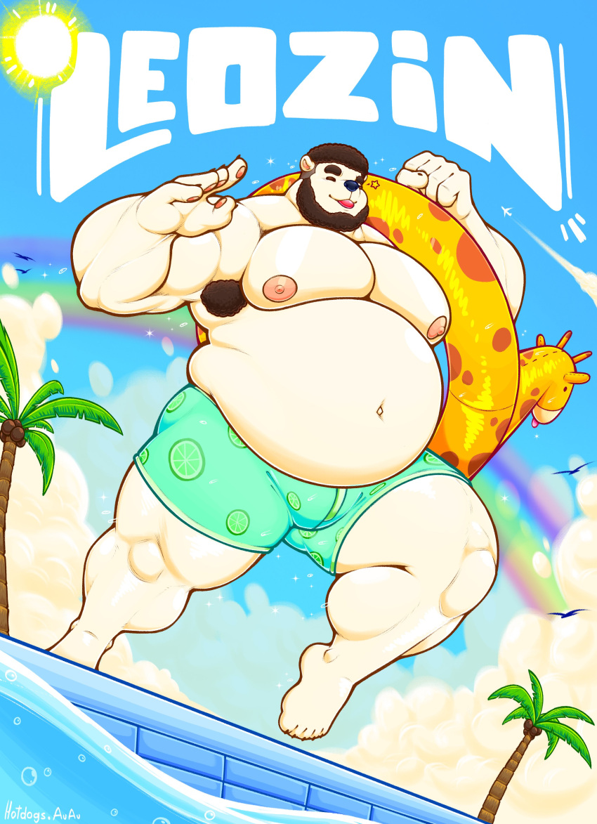 absurd_res anthro armpit_hair bear beard blep body_hair brown_hair chubby_anthro chubby_male clothing curled_hair eyes_closed facial_hair hair hi_res hotdogsauau male mammal muscle_tone muscular muscular_anthro muscular_male pawpads paws pecs pink_pawpads polar_bear pool_float slightly_chubby solo strongfat swimming_pool swimming_trunks swimwear tongue tongue_out ursine