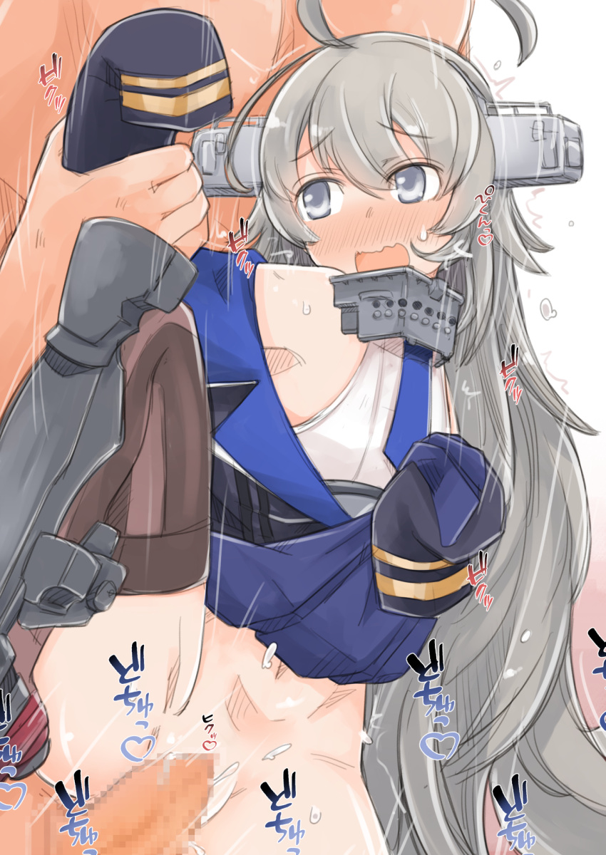 1boy 1girl ahoge blush censored commentary_request enjaku_izuku from_behind grey_eyes grey_hair highres kantai_collection leg_up mosaic_censoring necktie open_mouth sex simple_background sweat thighhighs washington_(kancolle) white_background
