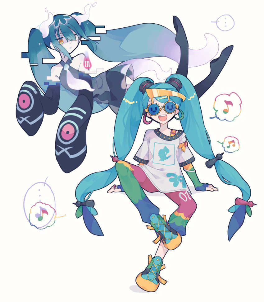 2girls absurdres aqua_hair bare_shoulders black_thighhighs chatot detached_sleeves ghost ghost_miku_(project_voltage) glitch gradient_hair grey_shirt hair_between_eyes hatsune_miku highres jewelry long_hair multicolored_hair multicolored_pants multiple_girls multiple_hairpins musical_note necktie normal_miku_(project_voltage) open_mouth pale_skin pants parted_lips pokemon project_voltage ring see-through see-through_skirt shirt shoes simple_background skirt sleeves_past_fingers sleeves_past_wrists smile sneakers sunglasses thighhighs twintails umenatto710 very_long_hair vocaloid white_background will-o'-the-wisp_(mythology) yellow_eyes