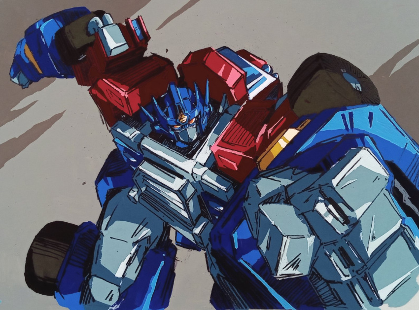1980s_(style) autobot clenched_hands grey_background marble-v mecha no_humans optimus_prime orange_eyes retro_artstyle robot science_fiction solo transformers transformers_armada wheel