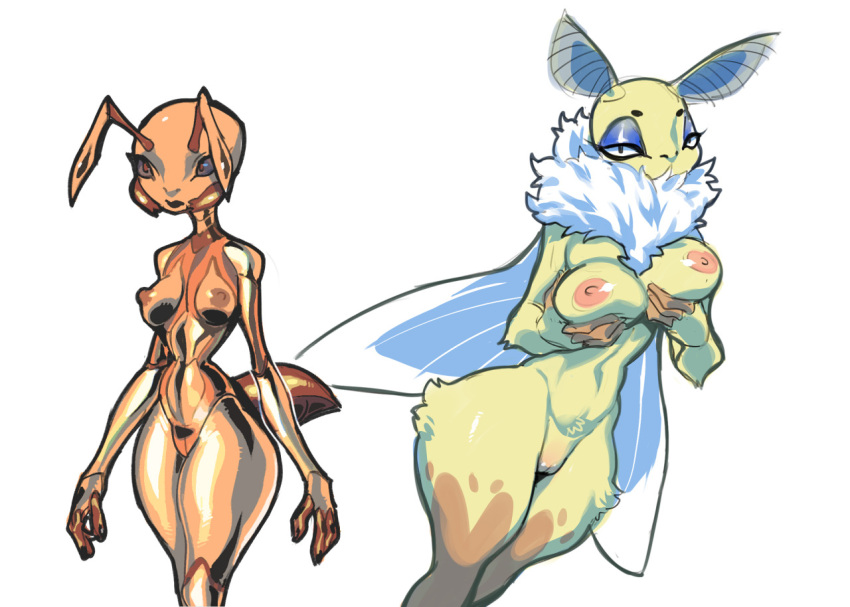 4_fingers antennae_(anatomy) anthro areola arthropod breast_fondling breast_play breasts duo female fingers fondling fur genitals glistening glistening_body hand_on_breast insect insect_wings jijis-waifus lepidopteran looking_at_viewer moth navel neck_tuft nipples non-mammal_breasts nude pussy self_fondle simple_background standing tail tuft white_background wings yellow_body yellow_fur