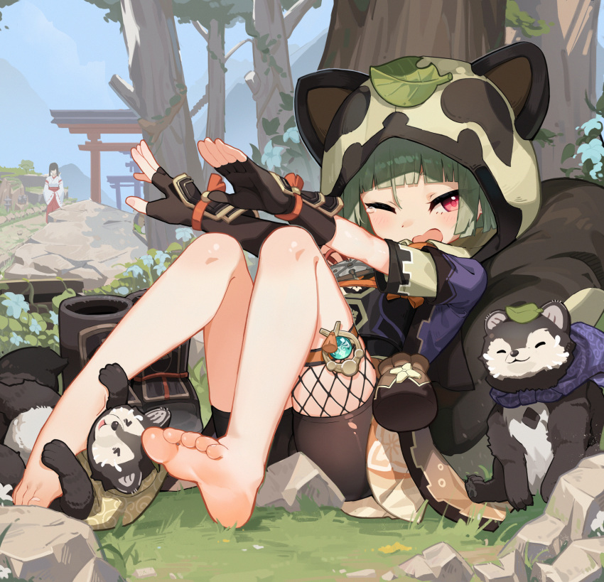 2girls animal_hood barefoot black_shorts blue_sky boots fingerless_gloves genshin_impact gloves green_hair highres hood japanese_clothes leaf leaf_on_head miko multiple_girls multiple_torii on_grass one_eye_closed outstretched_arms red_eyes rock sayu_(genshin_impact) shorts sitting sky soles solo_focus tanuki tearing_up torii tree ulrica.h unworn_boots vision_(genshin_impact)