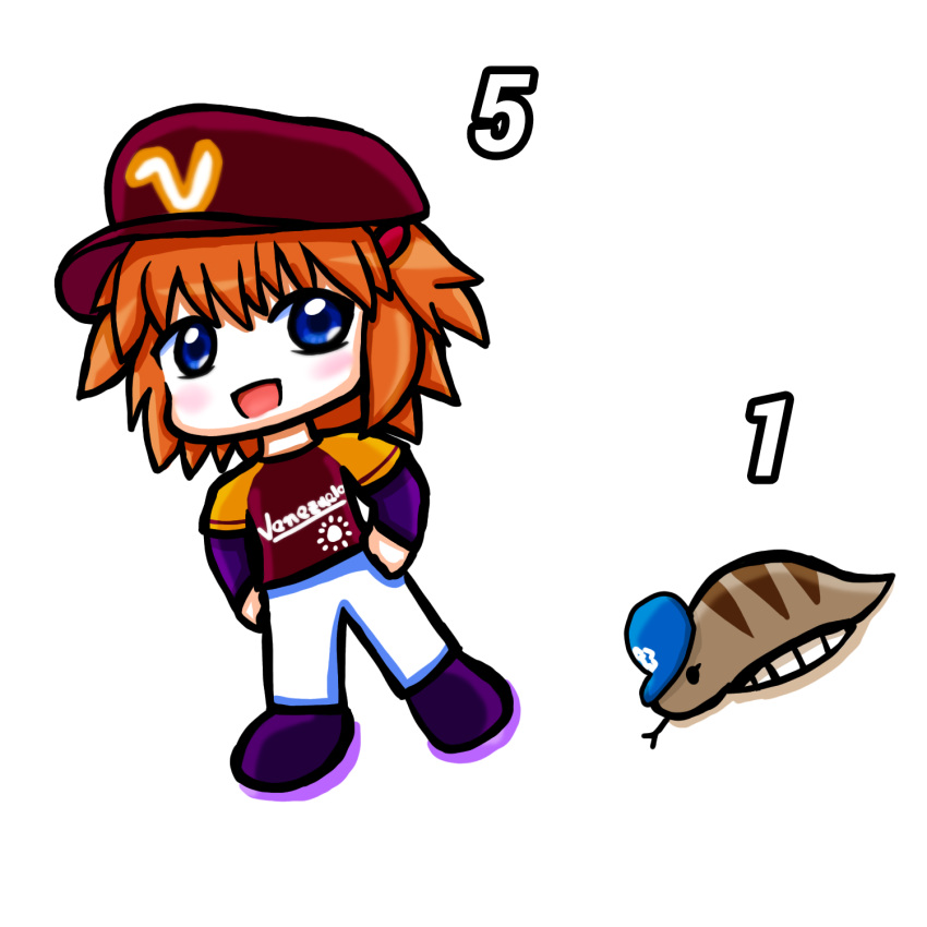 1girl 1other baseball_cap baseball_uniform blue_eyes blush chibi hat highres kerubin_art looking_at_viewer red_hair simple_background sportswear sunny_milk touhou tsuchinoko two_side_up venezuela white_background