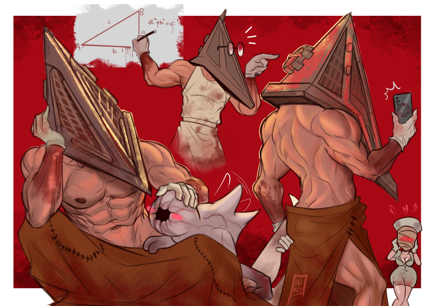 1boy 1girl abs absurdres artist_name back blush glasses gloves hat helmet highres holding holding_sword holding_weapon large_pectorals looking_at_another male_focus monster multiple_views muscular muscular_male navel nipples nurse nurse_(silent_hill) nurse_cap pectorals pyramid_head round_eyewear silent_hill_(series) silent_hill_2 sword tazahan weapon white_gloves