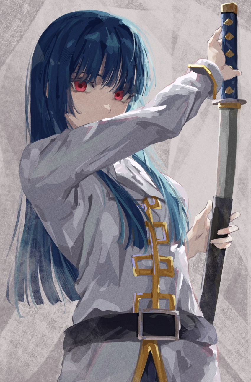 1girl ascot belt belt_buckle black_belt blue_hair blunt_bangs buckle commentary commentary_request covered_mouth gintama highres hime_cut holding holding_sheath holding_sword holding_weapon imai_nobume jacket katana komura_hiroto long_hair looking_at_viewer military_uniform red_eyes sheath simple_background solo sword uniform unsheathing weapon white_ascot white_jacket