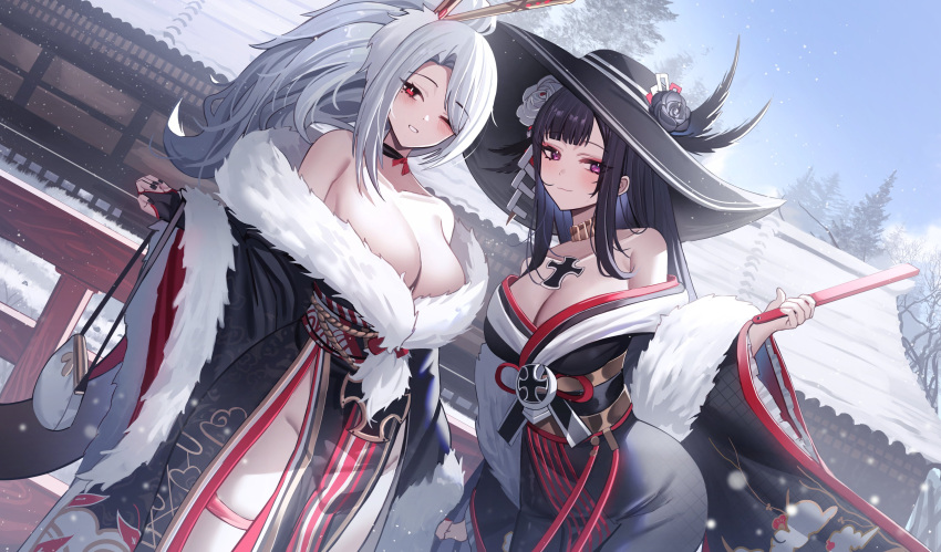 2girls absurdres architecture armpit_crease azur_lane bare_shoulders black_choker black_hair black_headwear black_nails black_ribbon blue_sky blush breasts bright_pupils choker closed_mouth cross day east_asian_architecture flower fur-trimmed_kimono fur_trim gold_choker grin hair_flower hair_ornament hair_over_one_eye hat_feather high_ponytail highres iron_cross japanese_clothes jeze kanzashi kimono kinchaku large_breasts long_hair long_sleeves medium_hair multiple_girls nail_polish obi official_alternate_costume outdoors pelvic_curtain peter_strasser_(a_moment_frozen_in_pure_white)_(azur_lane) peter_strasser_(azur_lane) ponytail pouch prinz_heinrich_(azur_lane) prinz_heinrich_(fireworks_and_tapestries)_(azur_lane) purple_eyes red_eyes red_ribbon ribbon ribbon_choker sash sky smile snow snowing straight_hair swept_bangs thigh_strap unmoving_pattern very_long_hair white_hair white_pupils wide_brim wide_sleeves