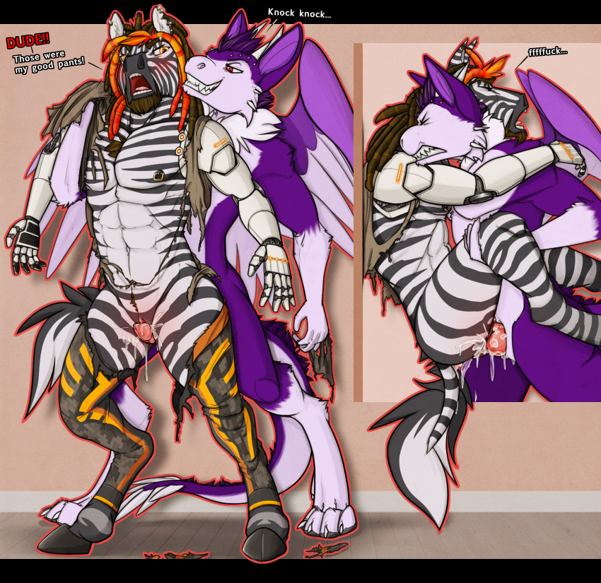 andromorph andromorph/male anthro clothing cybernetics cyborg dragon dreadlocks equid equine feathered_dragon feathers hi_res intersex intersex/male machine male mammal rj_zenith torn_clothing zebra