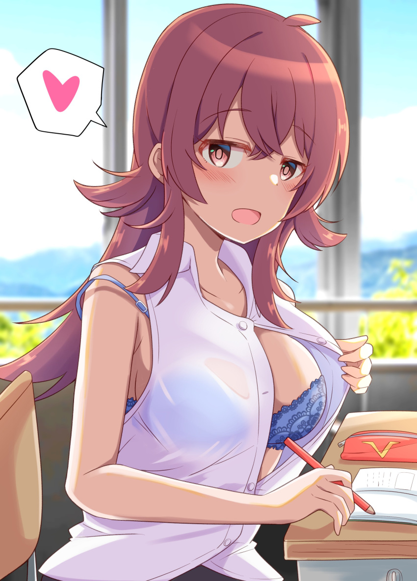 1girl absurdres ahoge blue_bra blue_sky blush bra breasts buttons chair classroom commentary day desk ginmugi hair_between_eyes hair_flaps half-closed_eyes heart highres holding holding_pencil idolmaster idolmaster_shiny_colors komiya_kaho lace lace_bra large_breasts looking_at_viewer open_mouth pencil red_eyes red_hair school_chair school_desk see-through shirt sidelocks sky sleeveless sleeveless_shirt smile solo spoken_heart strap_slip tree unbuttoned unbuttoned_shirt underwear white_shirt window wing_collar