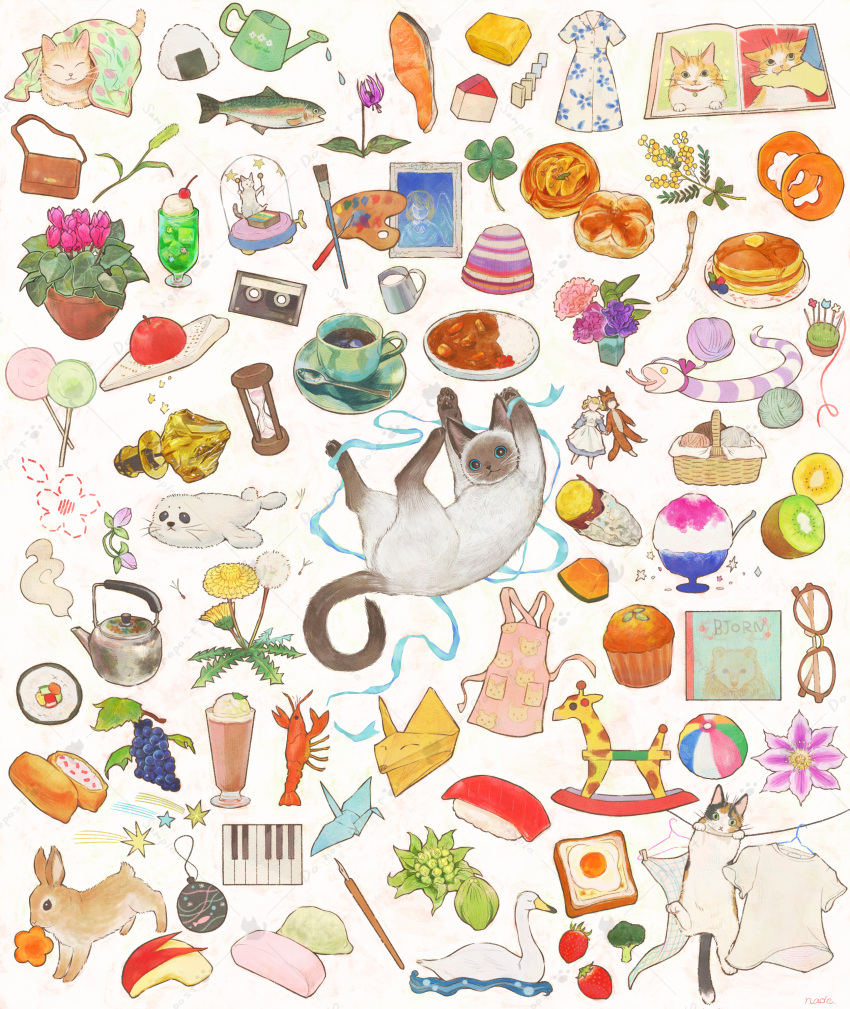 :&lt; :3 ^_^ absurdres animal_print apple apple_rabbit apron artist_name bag ball basket bauble beachball beanie bird black_eyes blanket blue_eyes blue_ribbon blueberry book broccoli brown-framed_eyewear butter buttons candy cantaloupe carrot_slice cassette_tape cat cattail cd_case cherry closed_eyes closed_mouth clothes_hanger clover collared_dress commentary_request cross-section cup cupcake curry dandelion dandelion_seed doll dress drink drinking_glass duck egg_(food) english_text fish fish_(food) floral_print flower foil food food_art four-leaf_clover fried_egg frothing_jug fruit glasses grapes grater green_eyes handbag hat highres hourglass ice ice_cream ice_cream_float ice_cube inarizushi instrument kiwi_(fruit) leaf lobster lollipop looking_at_viewer makizushi milk mochi mouse_print mouth_hold multicolored_clothes multicolored_headwear nade nib_pen_(object) no_humans omelet onigiri open_book origami original paintbrush painting_(object) palette_(object) pancake pancake_stack paper paper_crane pastry pawpads pen piano_keys pincushion pink_apron pink_flower plant plate pocket potted_plant profile purple_flower rabbit rainbow_trout ribbon rice roasted_sweet_potato rocking_horse salmon sample_watermark saucer seal_(animal) shaved_ice shirt short_sleeves siamese_cat signature sitting snake sparkle spoon star_(symbol) steam strawberry striped striped_headwear sushi sweet_potato tamagoyaki tea teacup teapot toy_block tulip u_u under_covers vase water watering_can watermark white_background white_dress white_shirt winding_key xylophone yarn yarn_ball yellow_flower