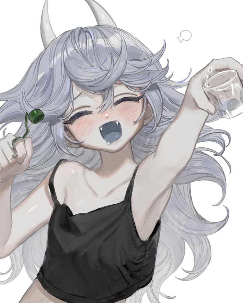 1girl :d armpits bare_shoulders black_tank_top blush bottle_cap closed_eyes collarbone crop_top cup dot_nose drinking_glass facing_viewer fangs flat_chest frost_fog grey_hair hair_between_eyes highres holding holding_cup horns long_hair midriff open_mouth original sidelocks simple_background smile solo square_mouth strap_slip swept_bangs tank_top upper_body water_drop white_background
