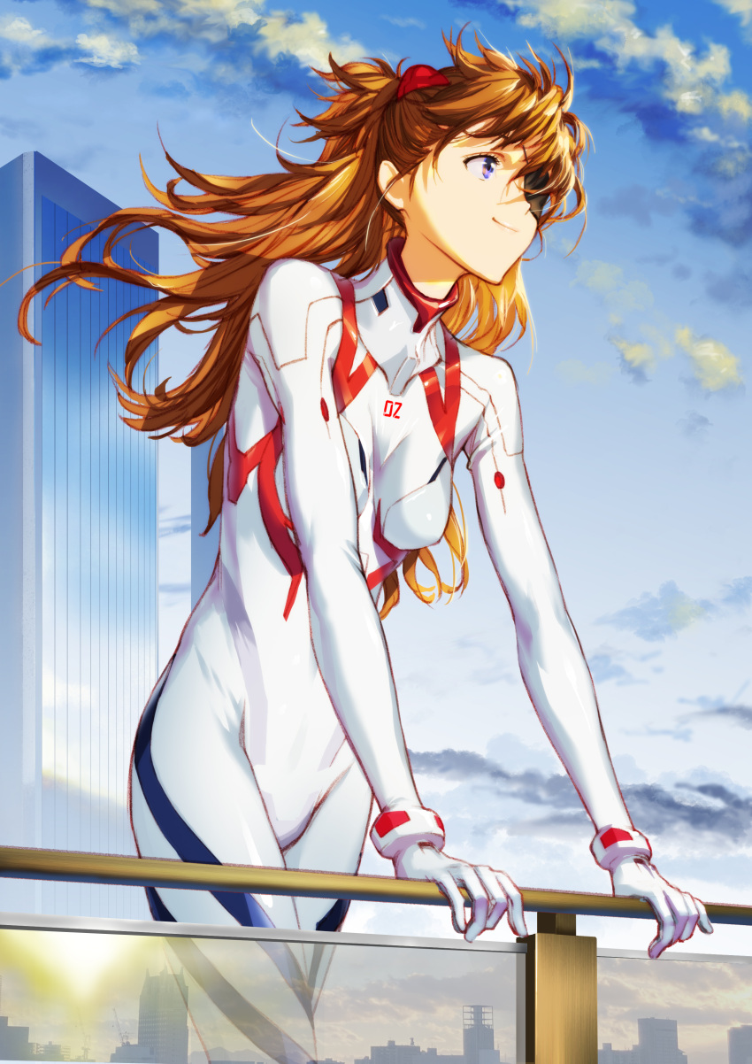 1girl absurdres against_railing blue_eyes blue_sky bodysuit breasts cloud commentary_request evangelion:_3.0+1.0_thrice_upon_a_time eyepatch from_side highres interface_headset kiyohisa long_hair medium_breasts multicolored_bodysuit multicolored_clothes neon_genesis_evangelion outdoors plugsuit railing rebuild_of_evangelion red_bodysuit red_hair sky smile solo souryuu_asuka_langley white_bodysuit