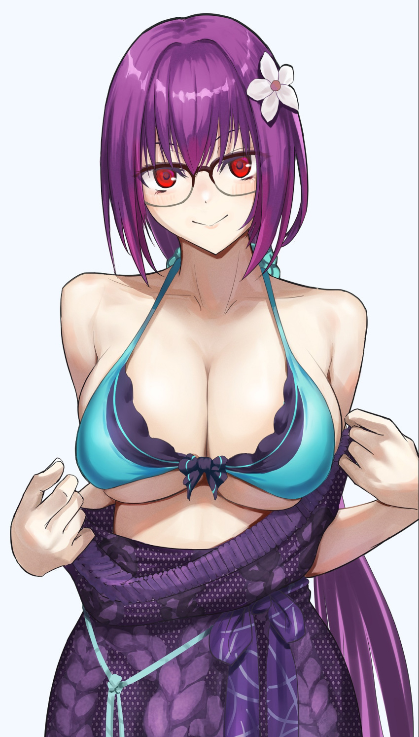 1girl bare_shoulders bikini breasts cleavage collarbone dress fate/grand_order fate_(series) flower glasses green_bikini hair_between_eyes hair_flower hair_ornament hair_scrunchie highres kugiseiichi large_breasts long_hair looking_at_viewer off_shoulder ponytail purple_dress purple_hair red_eyes scathach_(fate) scathach_skadi_(fate) scathach_skadi_(swimsuit_ruler)_(fate) scathach_skadi_(swimsuit_ruler)_(final_ascension)_(fate) scathach_skadi_(swimsuit_ruler)_(second_ascension)_(fate) scrunchie smile solo sweater sweater_dress swimsuit